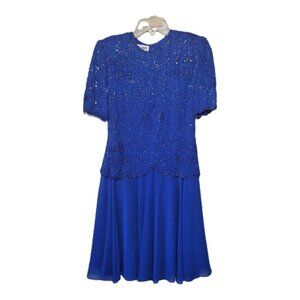 Vintage Brilliante By JA Women’s Blue Dress Sz P/S Beaded Scalloped Hem Lined